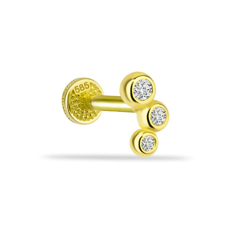 Round Triple Gold Piercing - 14K altın üçlü piercing, 0.15 ct pırlanta veya zirkon taşlı