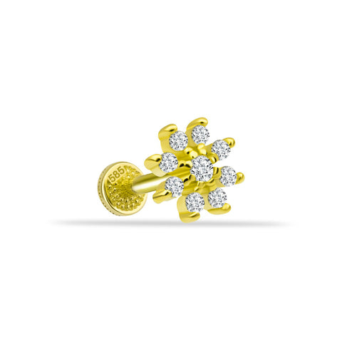 Floral Gold Piercing - 14K altın çiçek piercing, 0.08 ct pırlanta veya zirkon taşlı