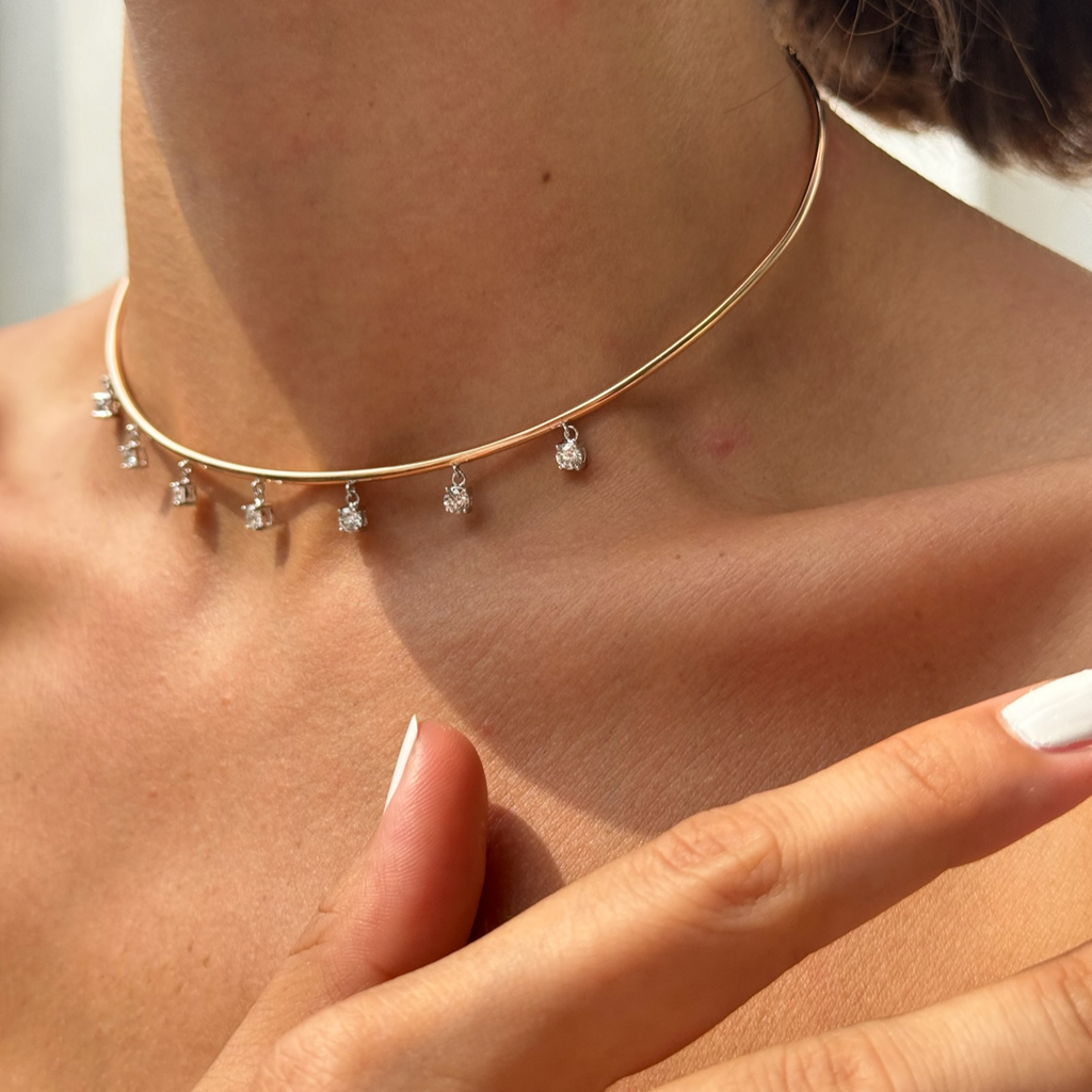 14K altın pırlanta taşlı Diamond Choker gerdanlık boyunda görünüm