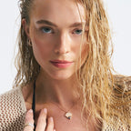 Luminious Eye pırlanta kolye boyunda görünümü, 14K altın üzerinde göz motifli tasarım