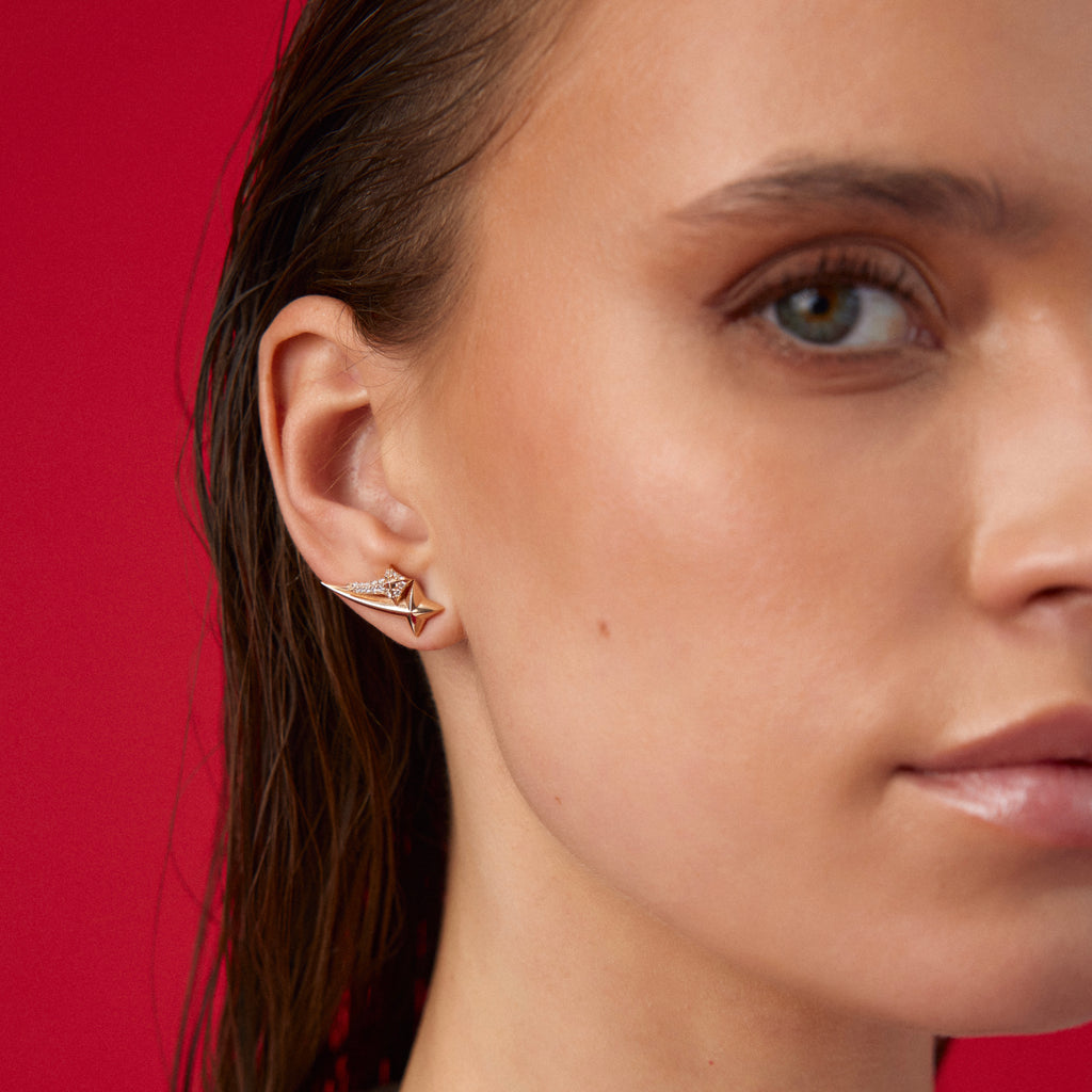 Rising Star 14K altın küpe yakın çekim, pırlanta detayları