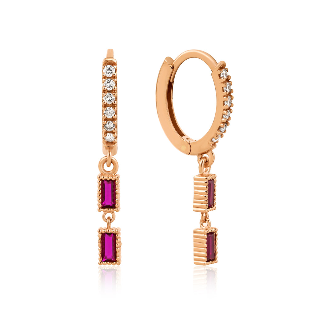 14K altın baguette kesim pırlanta taşlı Ruby küpe detay görünümü