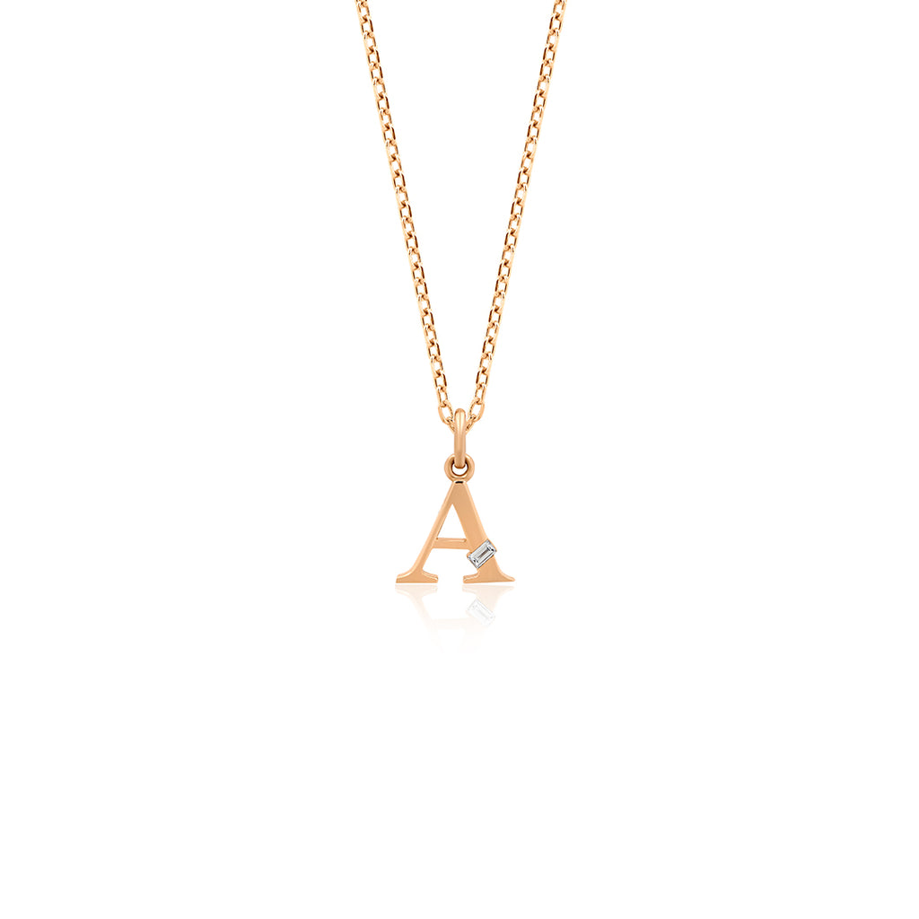 Charme 14K altın harf kolye, kişiye özel tasarım, 0.02 ct E-VS pırlanta detayları, 42 cm zincir