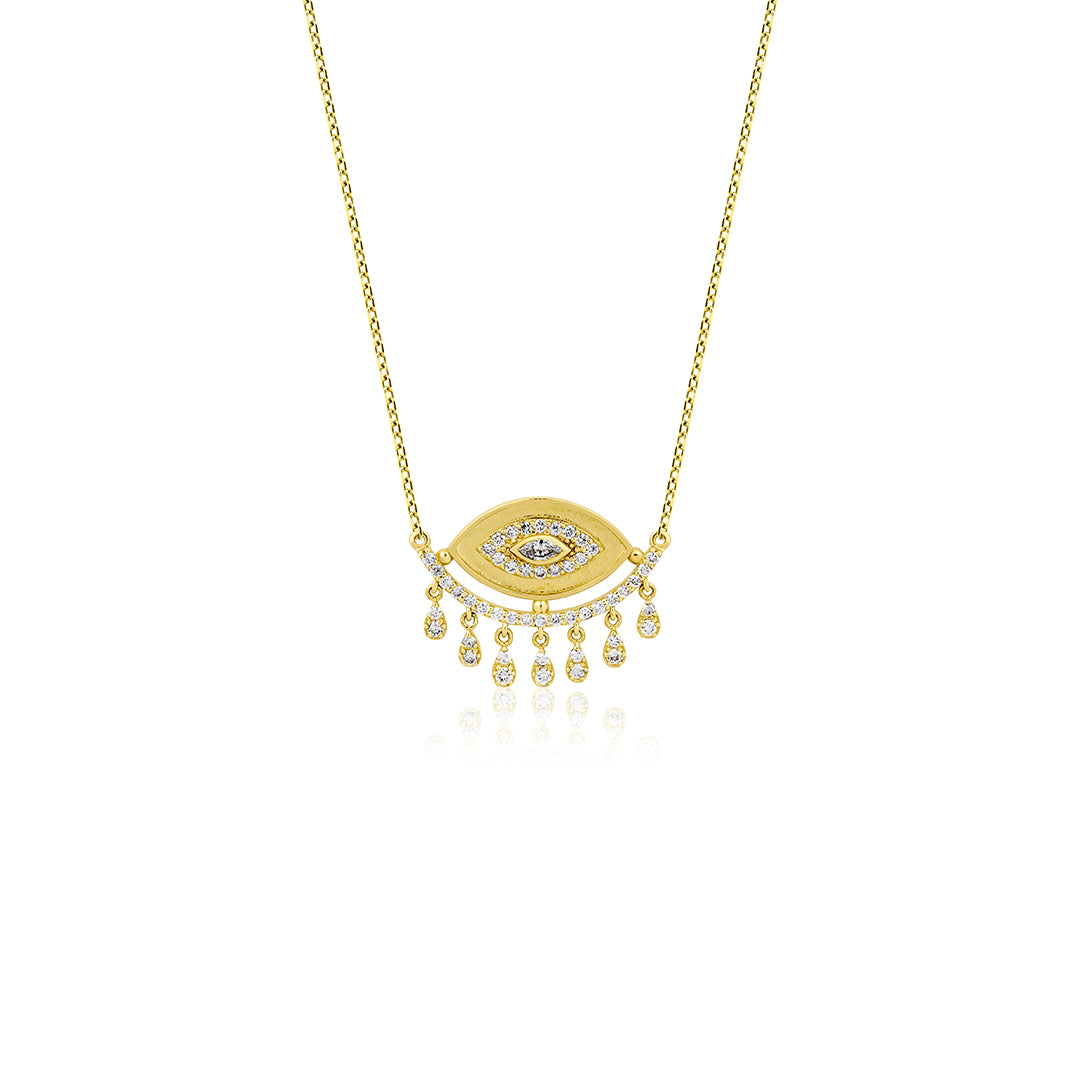Nazura 14K altın göz kolye, nazar boncuğu temalı zarif tasarım, 0.36 ct E-VS pırlanta detayları, 42 cm zincir