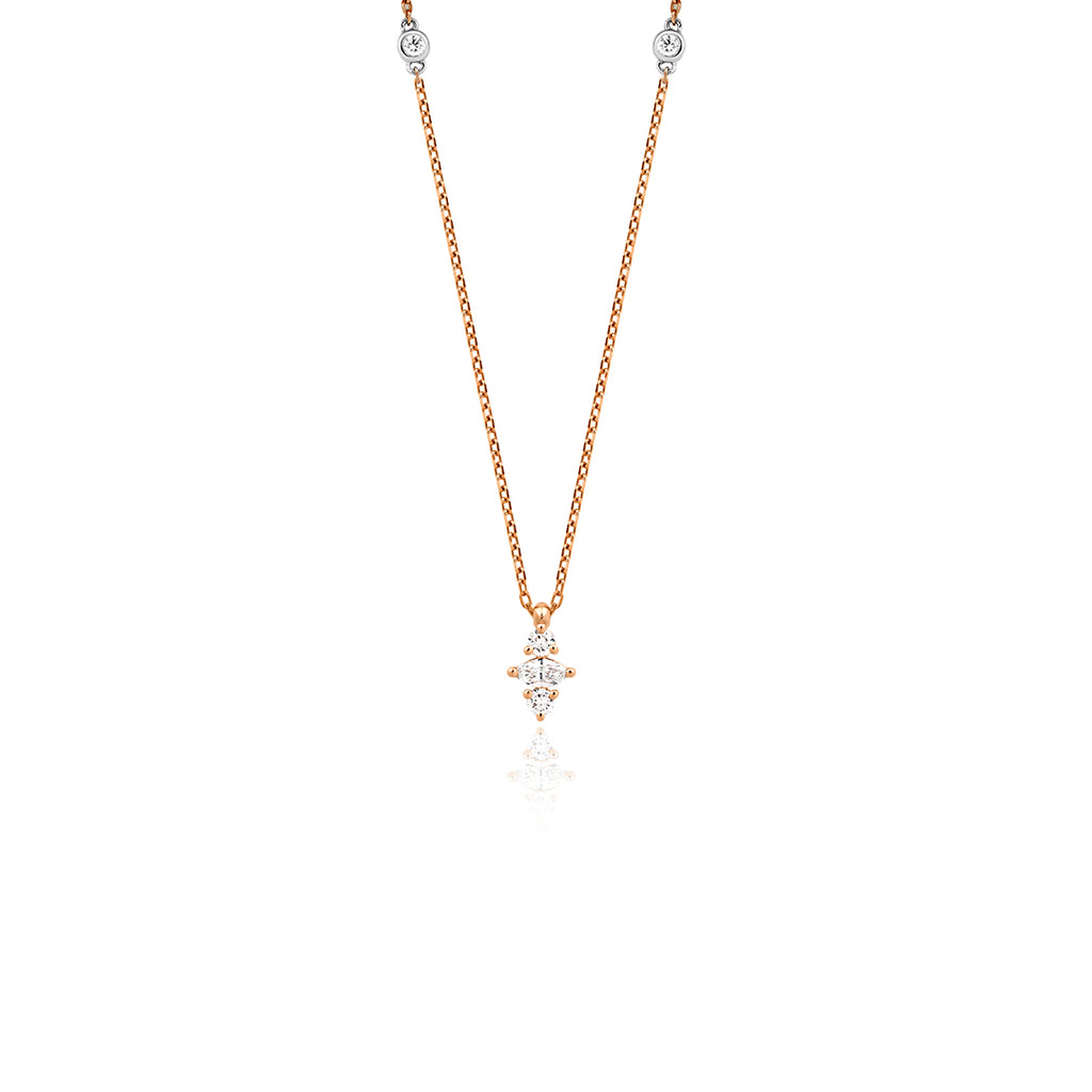 Navi 14K altın pırlanta kolye, zarif modern tasarım, 0.28 ct E-VS pırlanta detayları, 42 cm zincir