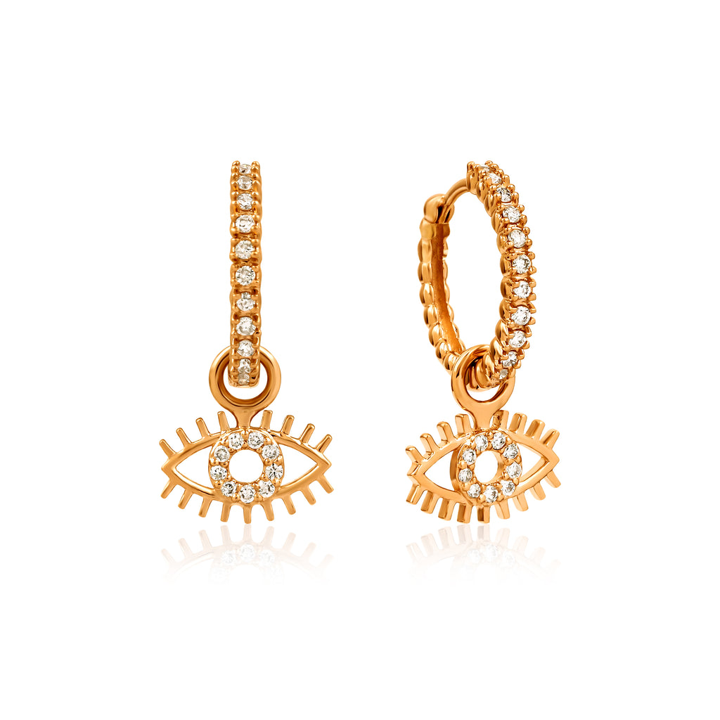 Evil Eye Hoop Küpe detay görünümü - 14K altın pırlanta nazarlık halka küpe