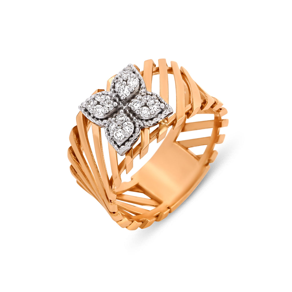 Linear Flower 14K altın yüzük yakın çekim, pırlanta detayları