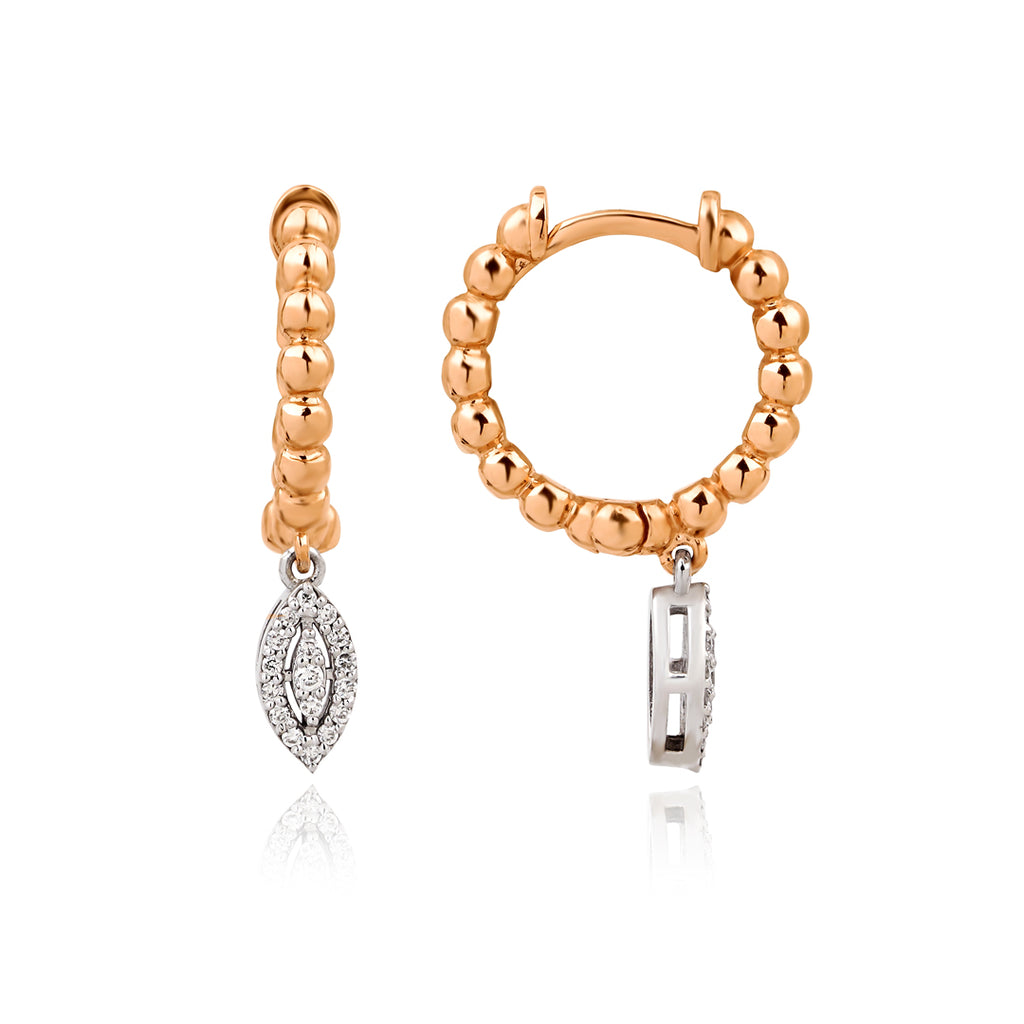 Marquise Bubble 14K altın halka küpe detay görünümü, pırlanta detayları