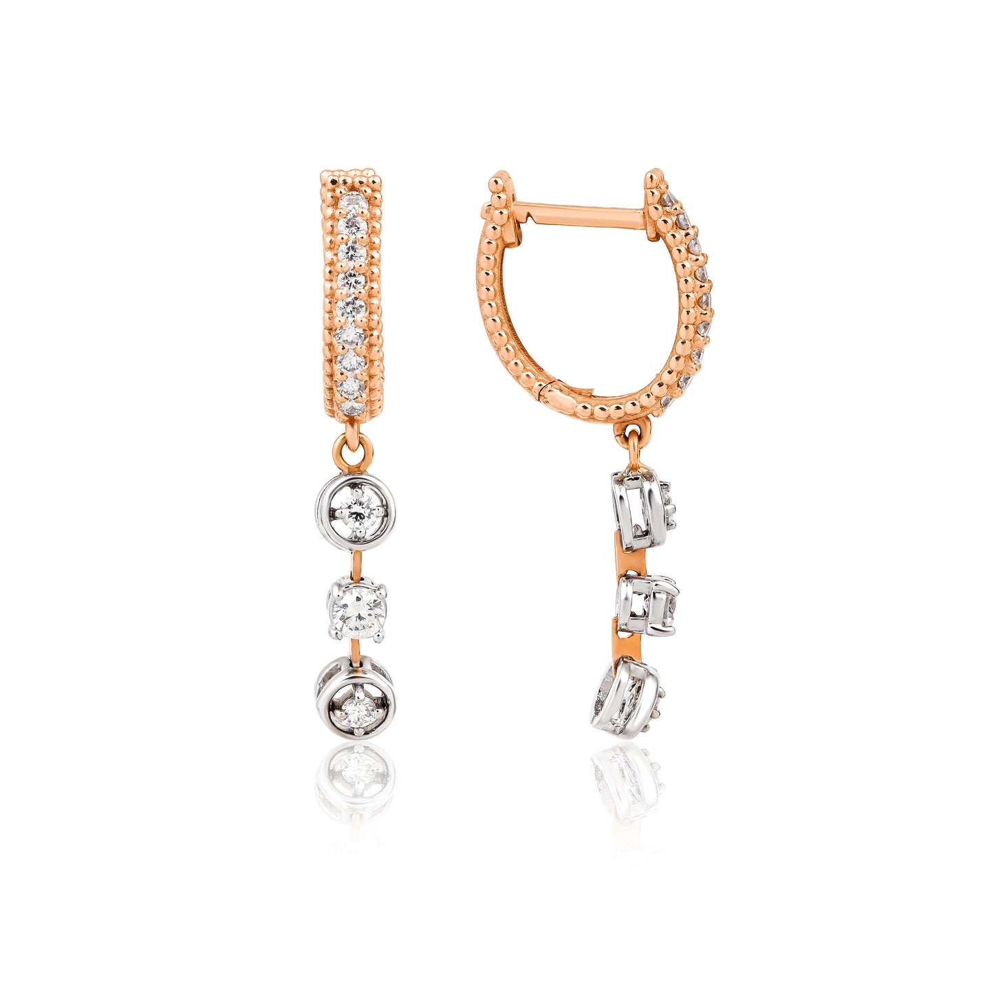 Rythmo Küpe - 14K altın pırlantalı sallantılı küpe detay görünümü