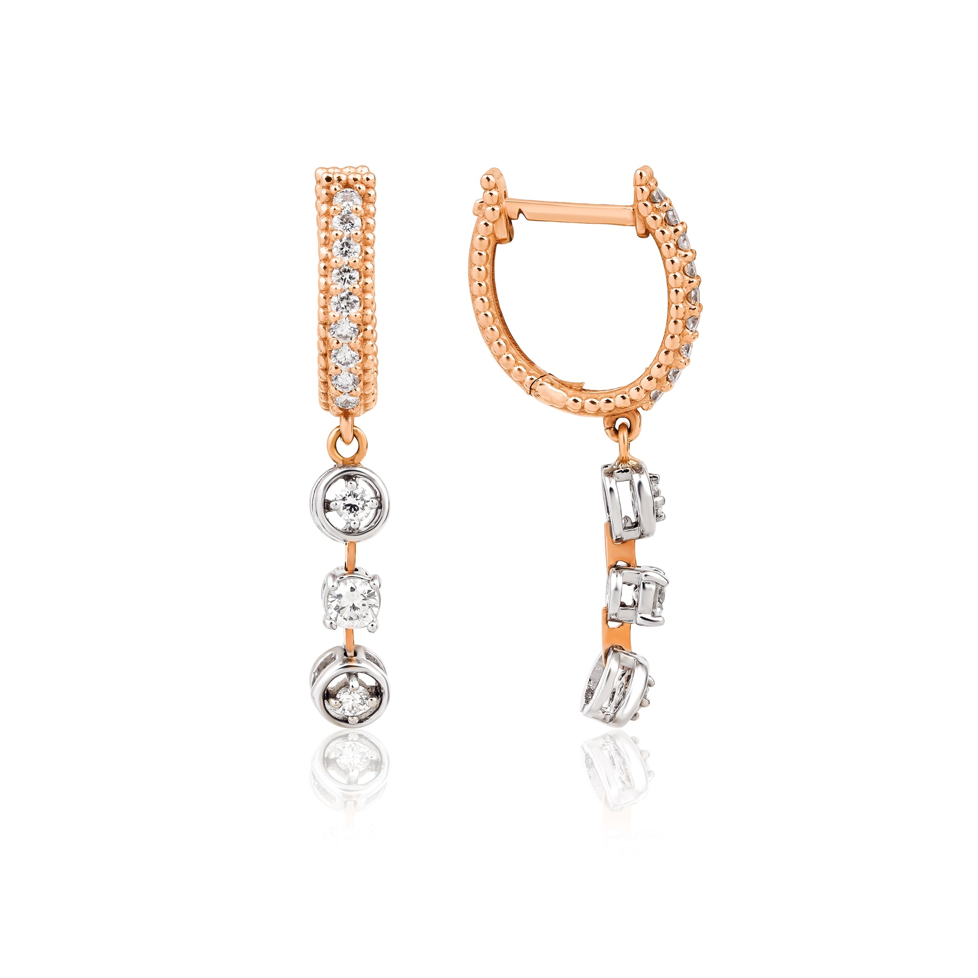 Rythmo Küpe - 14K altın pırlantalı sallantılı küpe detay görünümü