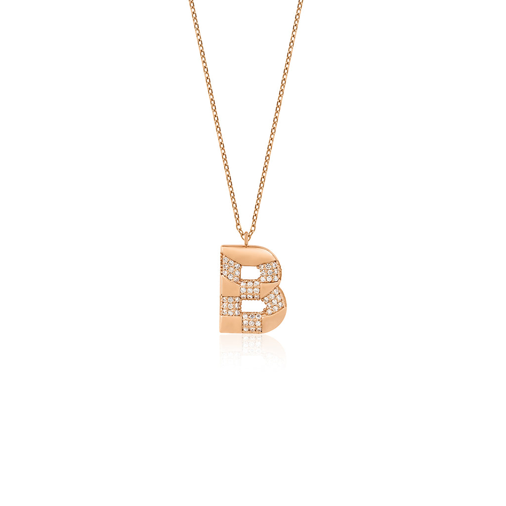 Divine Monogram 14K altın pırlanta kolye, kişiye özel harf tasarım, 0.33 ct E-VS pırlanta detayları