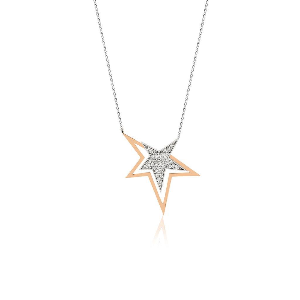 Celestial Dual 14K altın pırlanta kolye, zarif yıldız tasarım, 0.36 ct E-VS pırlanta detayları