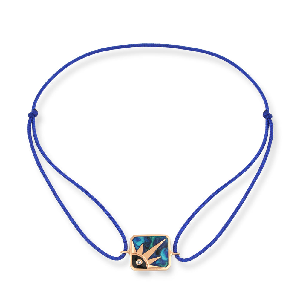 Sun Watcher 14K altın mavi ipli bileklik pırlanta göz ve güneş figürlü - Ala Fine Jewelry