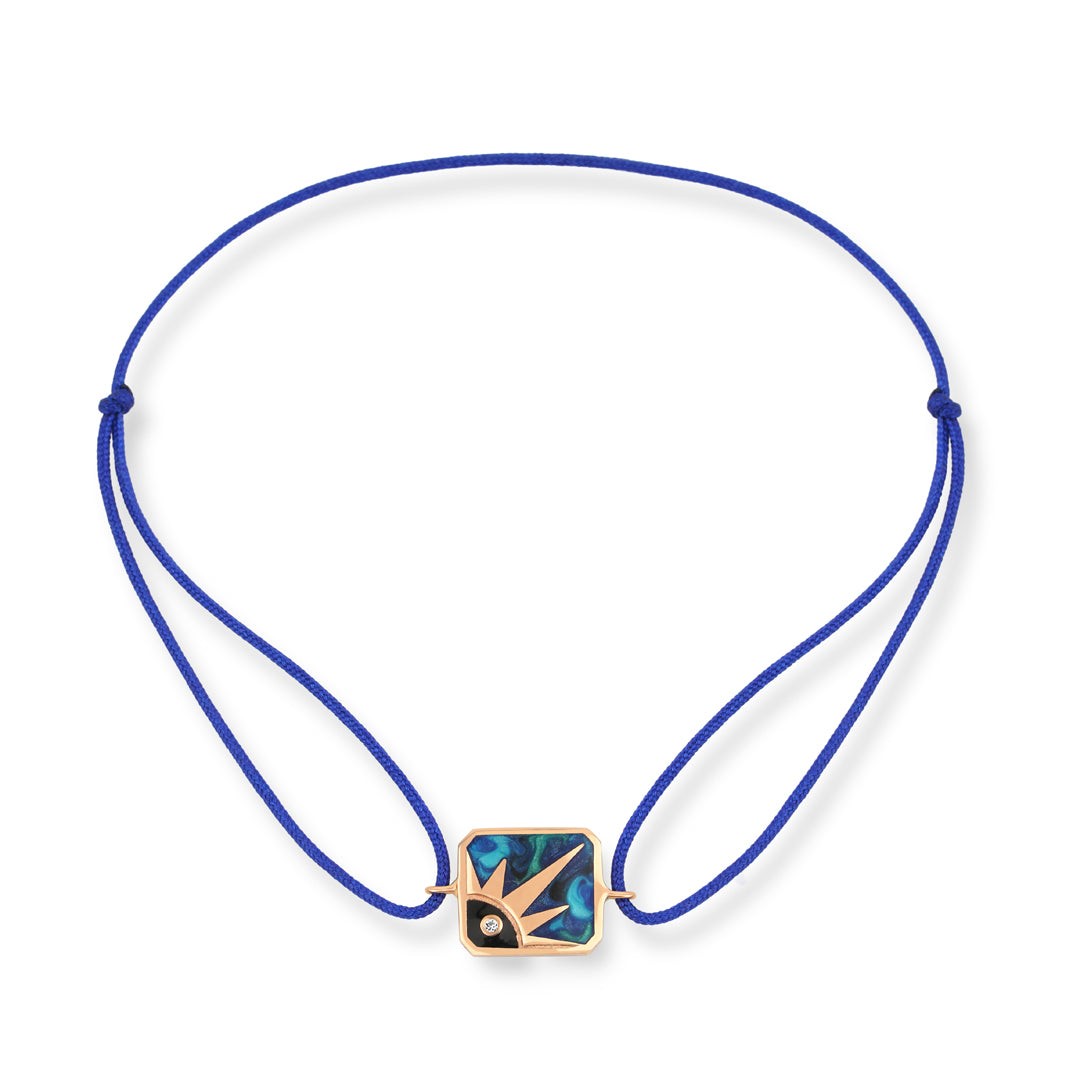 Sun Watcher 14K altın mavi ipli bileklik pırlanta göz ve güneş figürlü - Ala Fine Jewelry