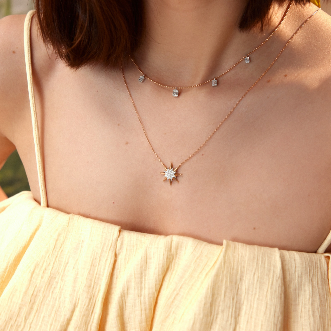 Sharpy Star Kolye - 0.21 ct pırlanta yıldız tasarım 14K altın kolye boyunda görünümü