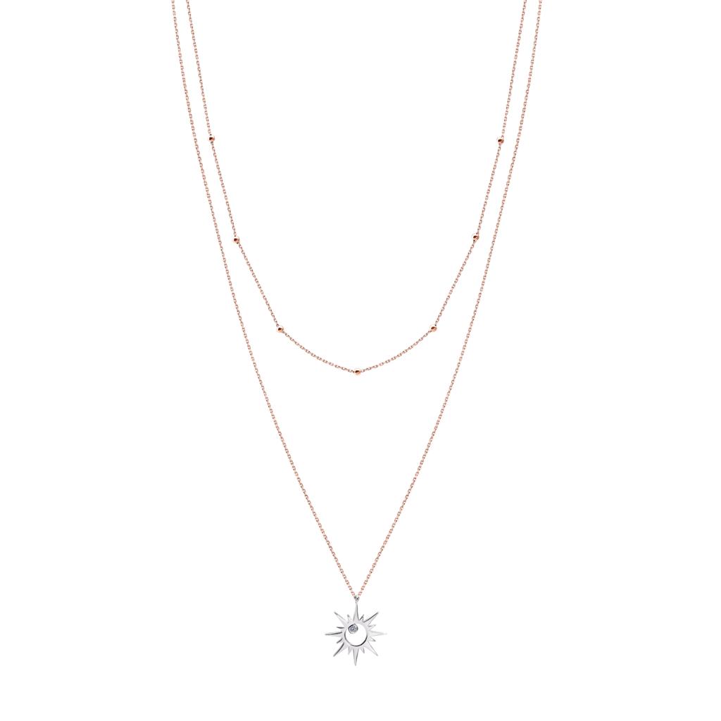 Double Sun Kolye detay görünümü - 14K altın pırlanta güneş kolye