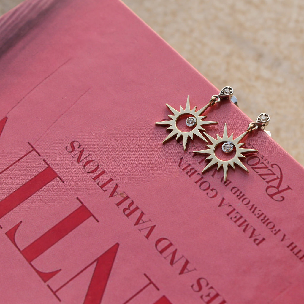 The Sun Küpe detay görünümü - 14K altın pırlanta güneş küpe