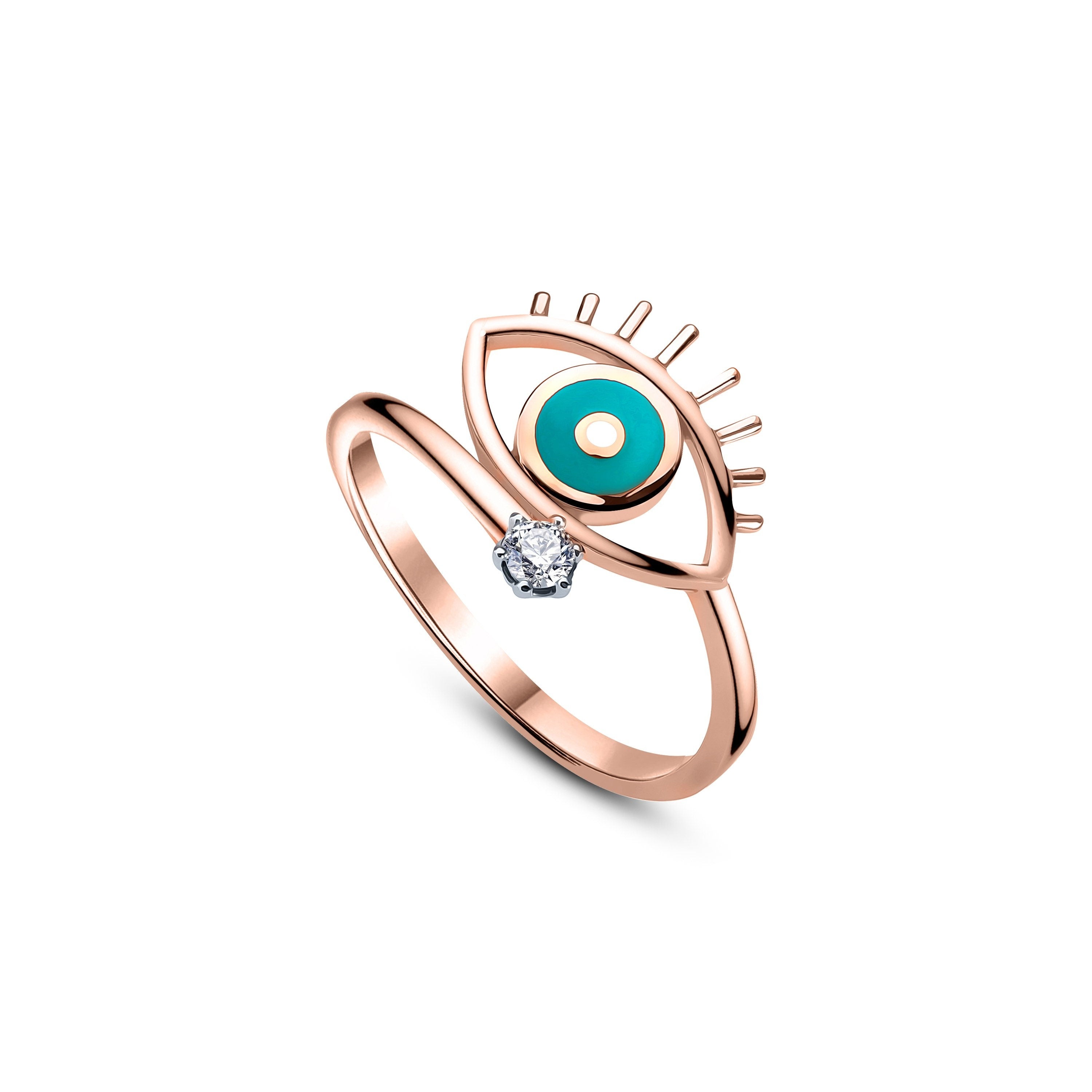 Enamel Eye Yüzük detay görünümü - 14K altın pırlanta mineli göz yüzük