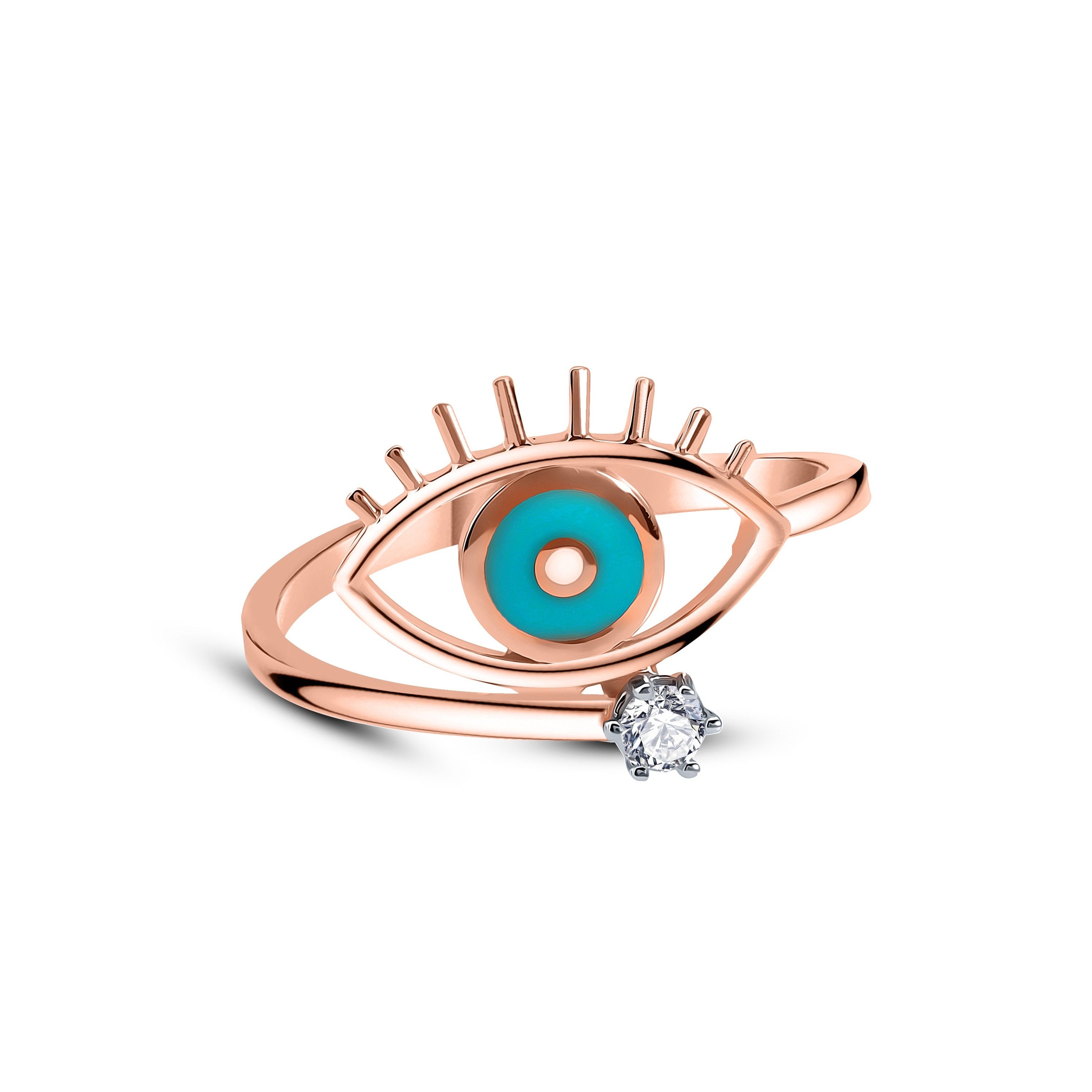 Enamel Eye Yüzük detay görünümü - 14K altın pırlanta mineli göz yüzük