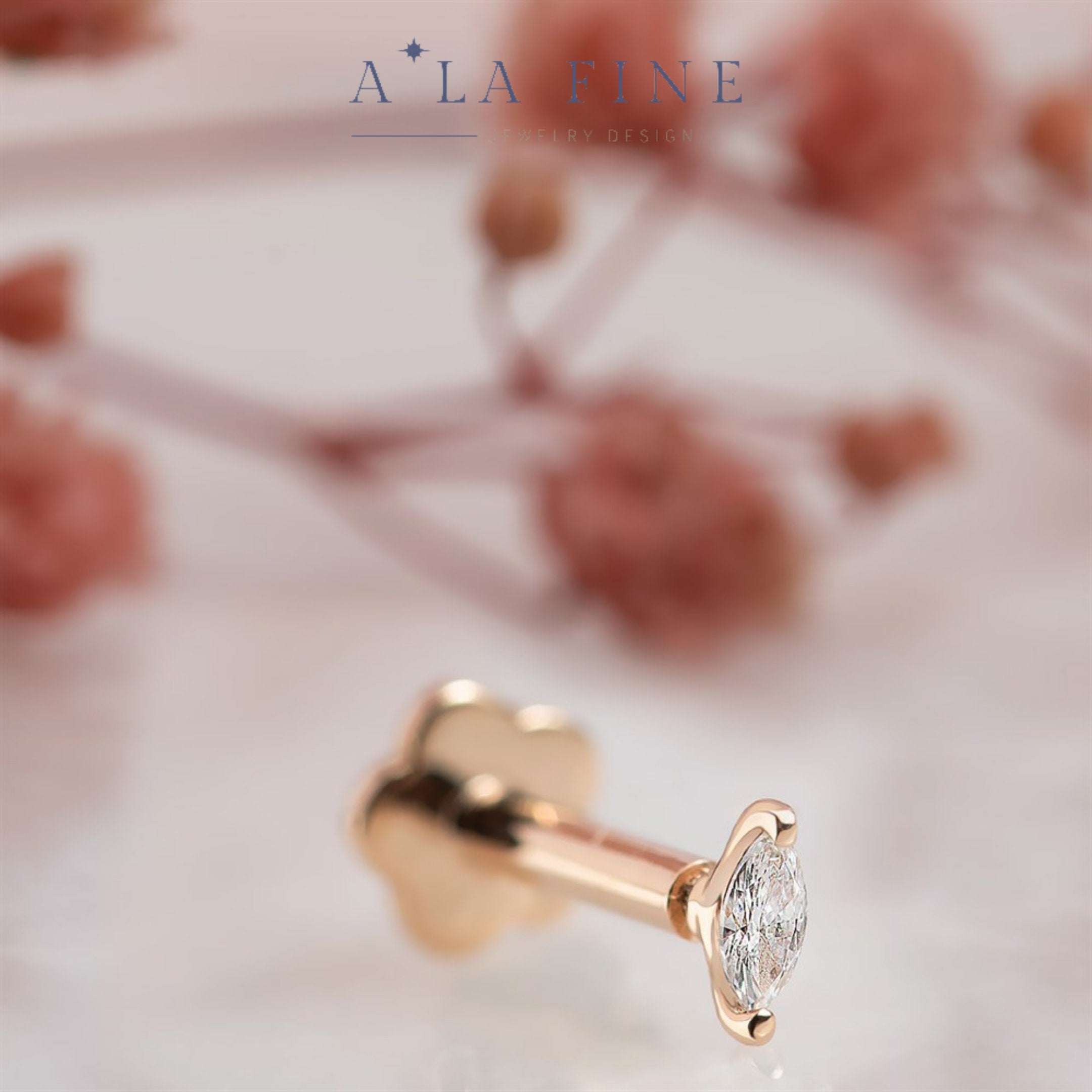 Marquise diamond piercing detay görünümü - 14K altın ve pırlanta