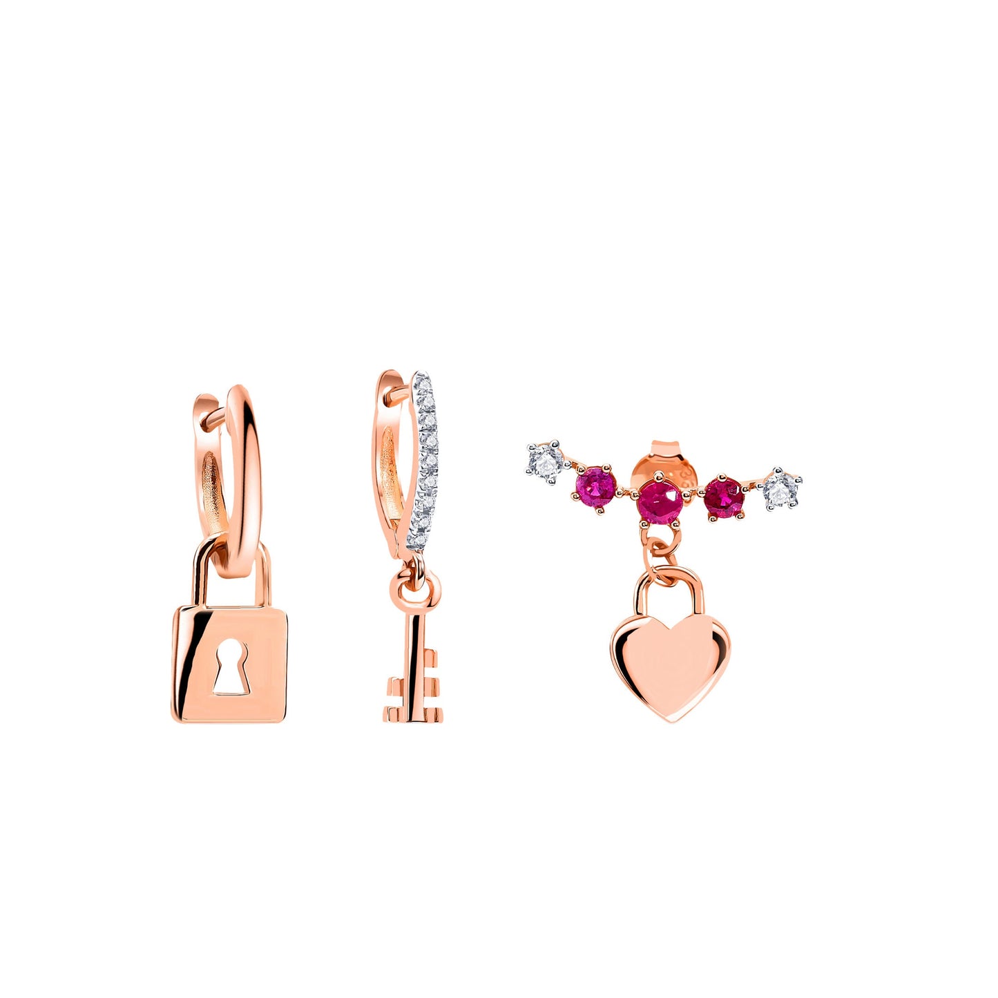 Diamond Pink Heart, Key and Lock Gold Earring