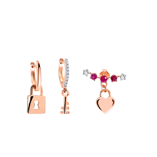 Diamond Pink Heart, Key and Lock Küpeler
