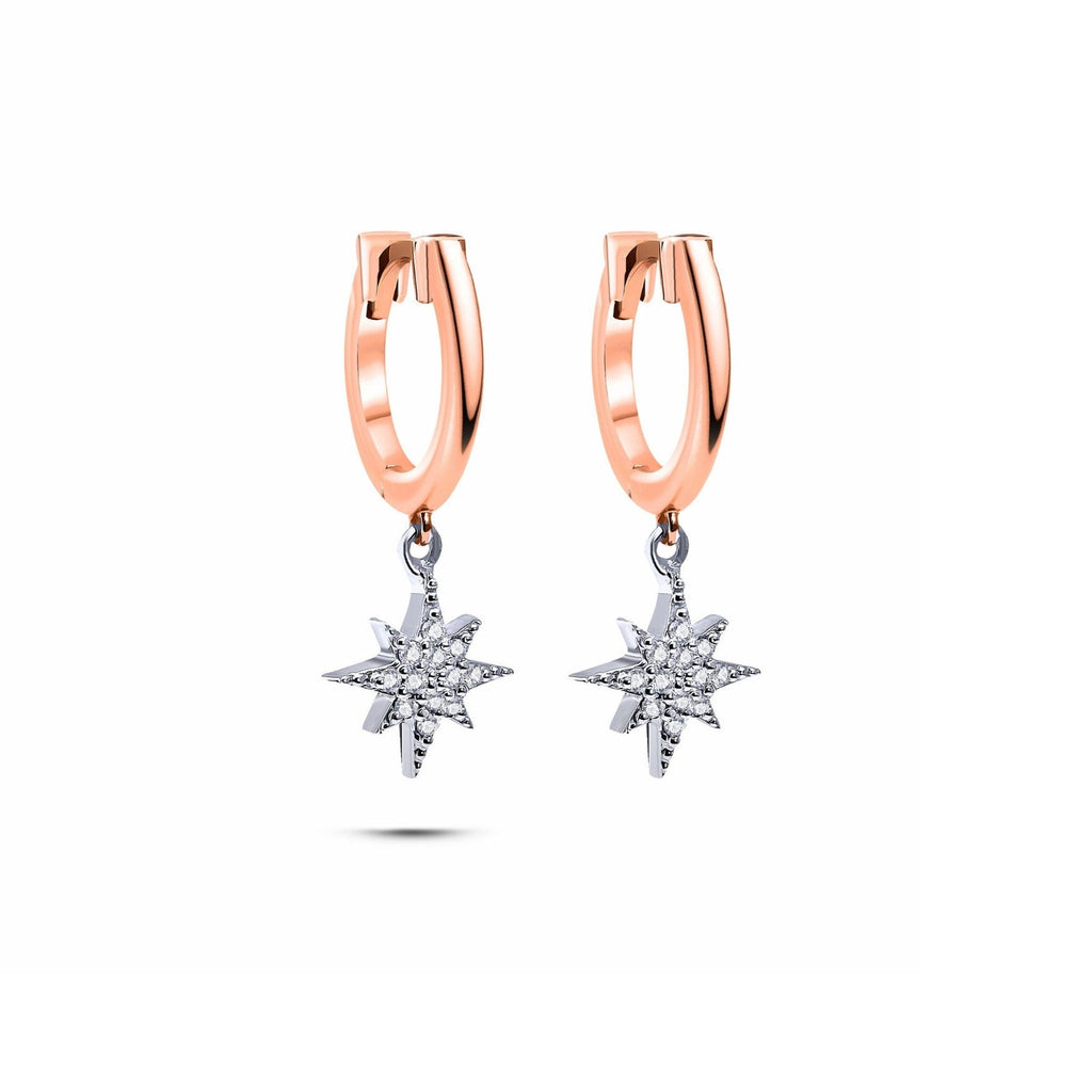 North Star Küpe detay görünümü - 14K altın pırlanta yıldız sallantılı küpe