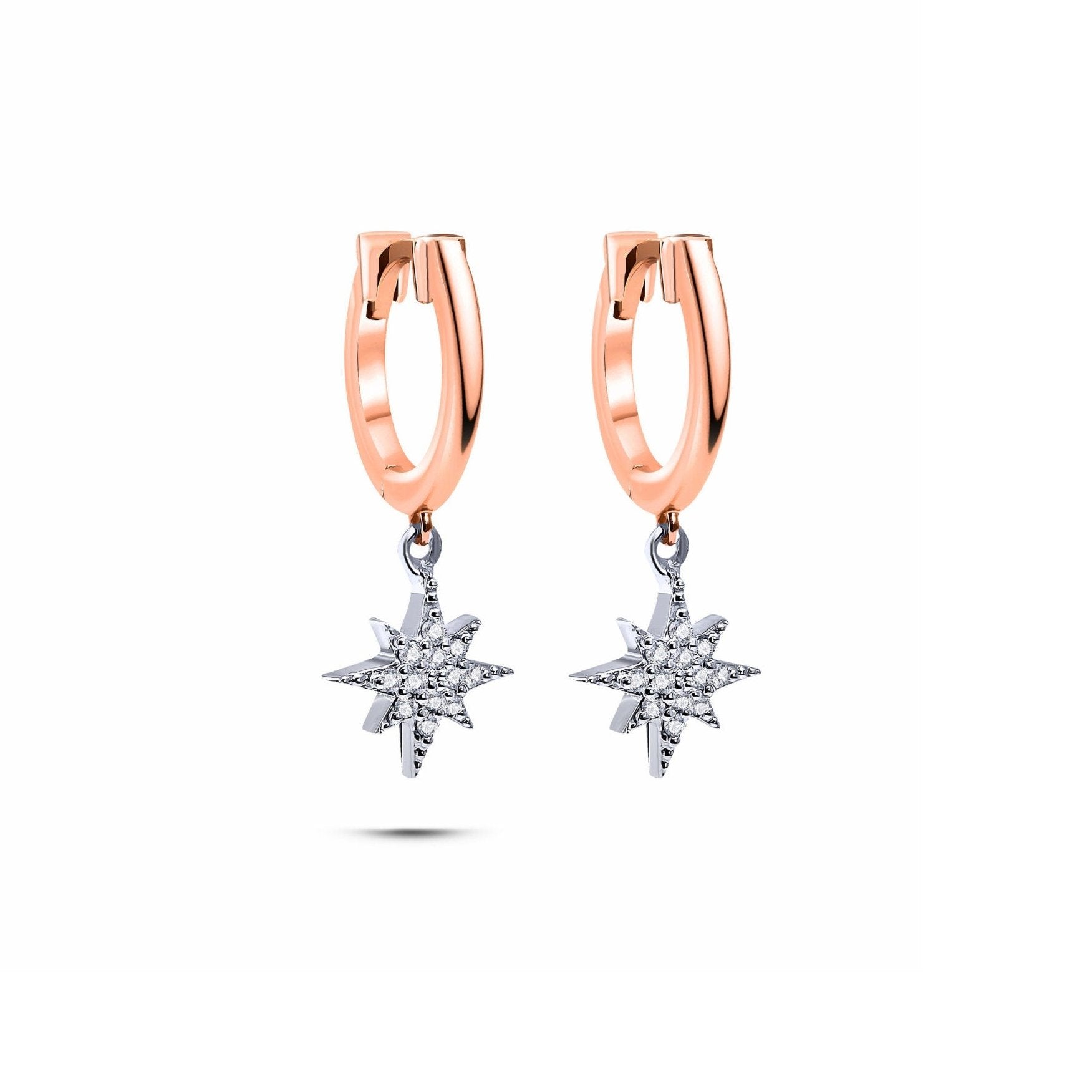 North Star Küpe detay görünümü - 14K altın pırlanta yıldız sallantılı küpe