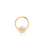 Altın çiçek piercing detay görünümü - pırlanta veya zirkon taş seçeneği