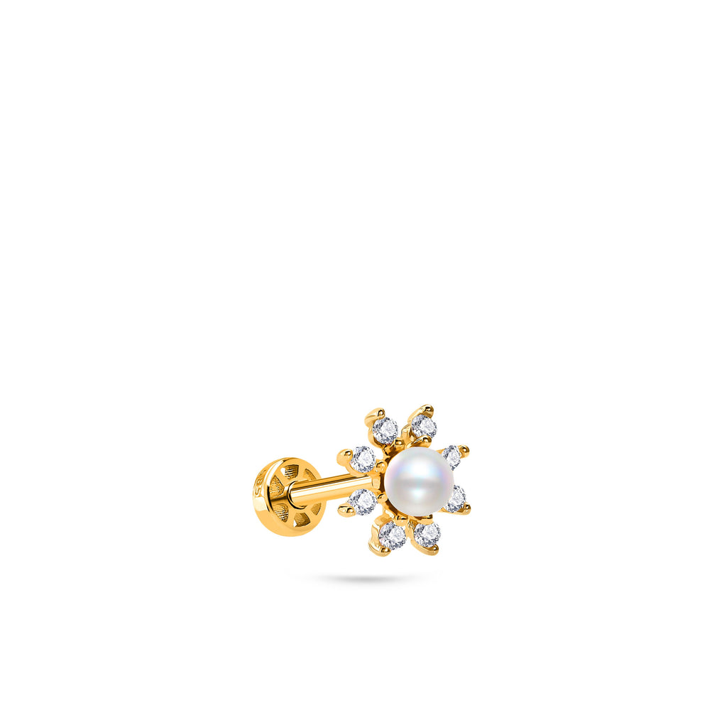 Floral Pearl Gold Piercing detay görünümü - 14K altın pırlanta inci piercing