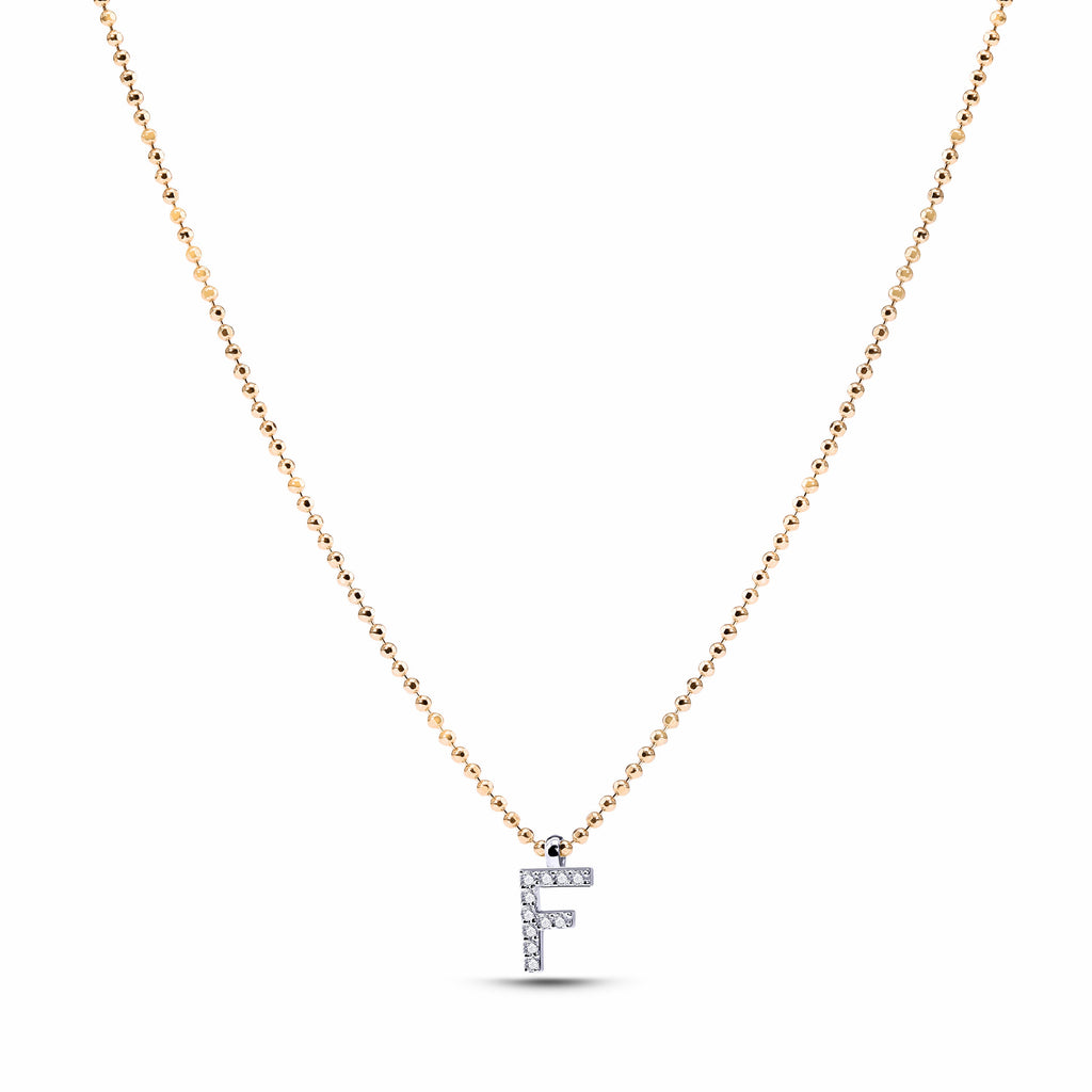 Gold Letter Diamond Kolye detay görünümü - 14K altın, pırlanta taşlı harf tasarım