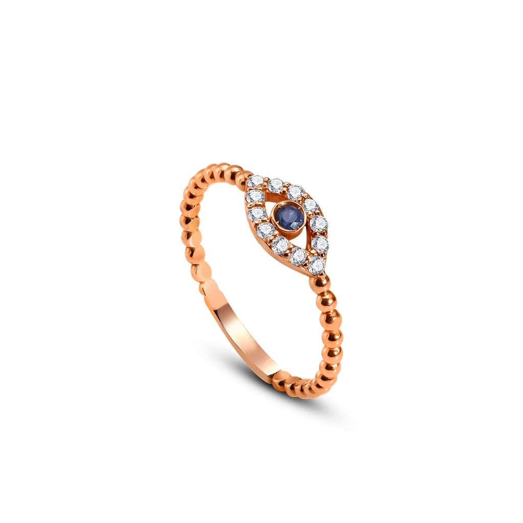Evil Eye Yüzük detay görünümü - 14K altın pırlanta safir nazar boncuğu yüzük