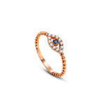 Evil Eye Yüzük detay görünümü - 14K altın pırlanta safir nazar boncuğu yüzük