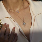 Helios Kolye boyunda görünümü - 14K altın pırlanta yıldız kolye